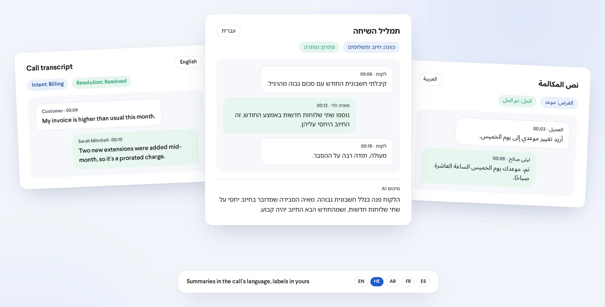The same call transcript view in English, Hebrew and Arabic, with right-to-left layouts