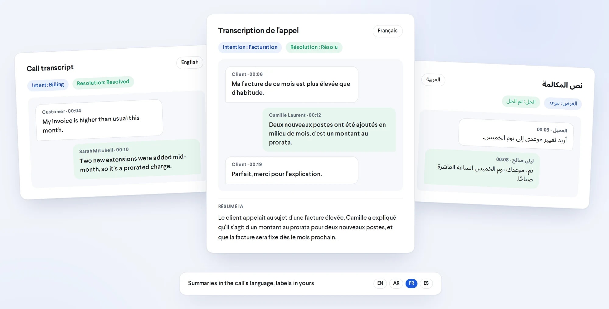 The same call transcript view in English, French and Arabic, with Arabic laid out right to left