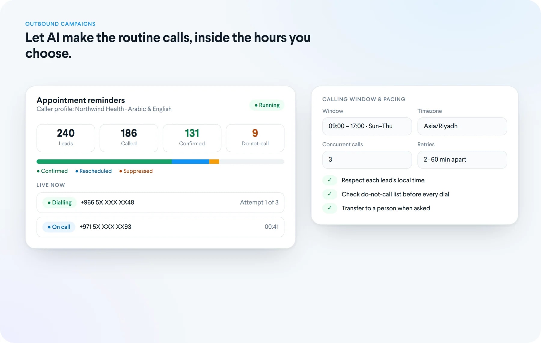 Outbound AI campaign with leads, confirmations, do-not-call suppressions, live calls, and the calling window and pacing settings