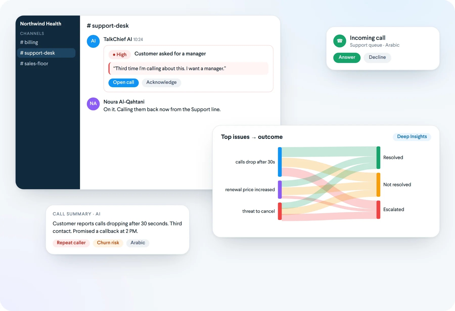 TalkChief on the desktop and phone: Deep Insights, live calls, a Cowork channel and the AI escalation inbox