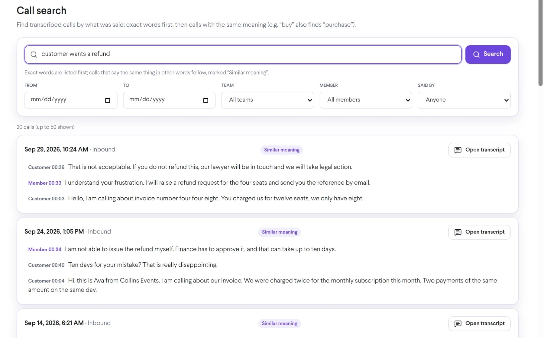 TalkChief call search for “customer wants a refund” with transcript snippets matched by similar meaning