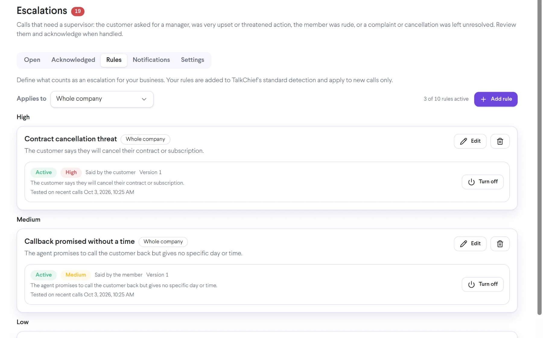 TalkChief escalation rules: contract cancellation threat (High) and callback promised without a time (Medium), each tested on recent calls