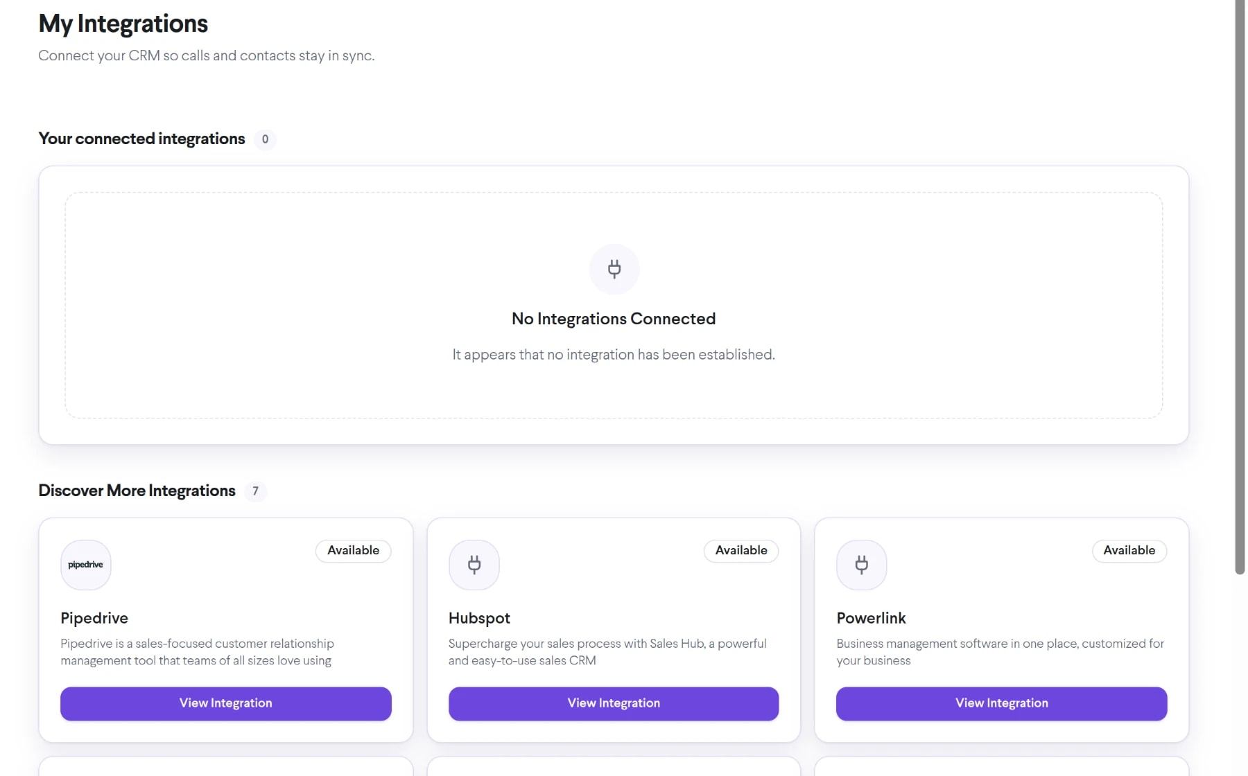 TalkChief integrations page listing Pipedrive, HubSpot and Powerlink CRM integrations