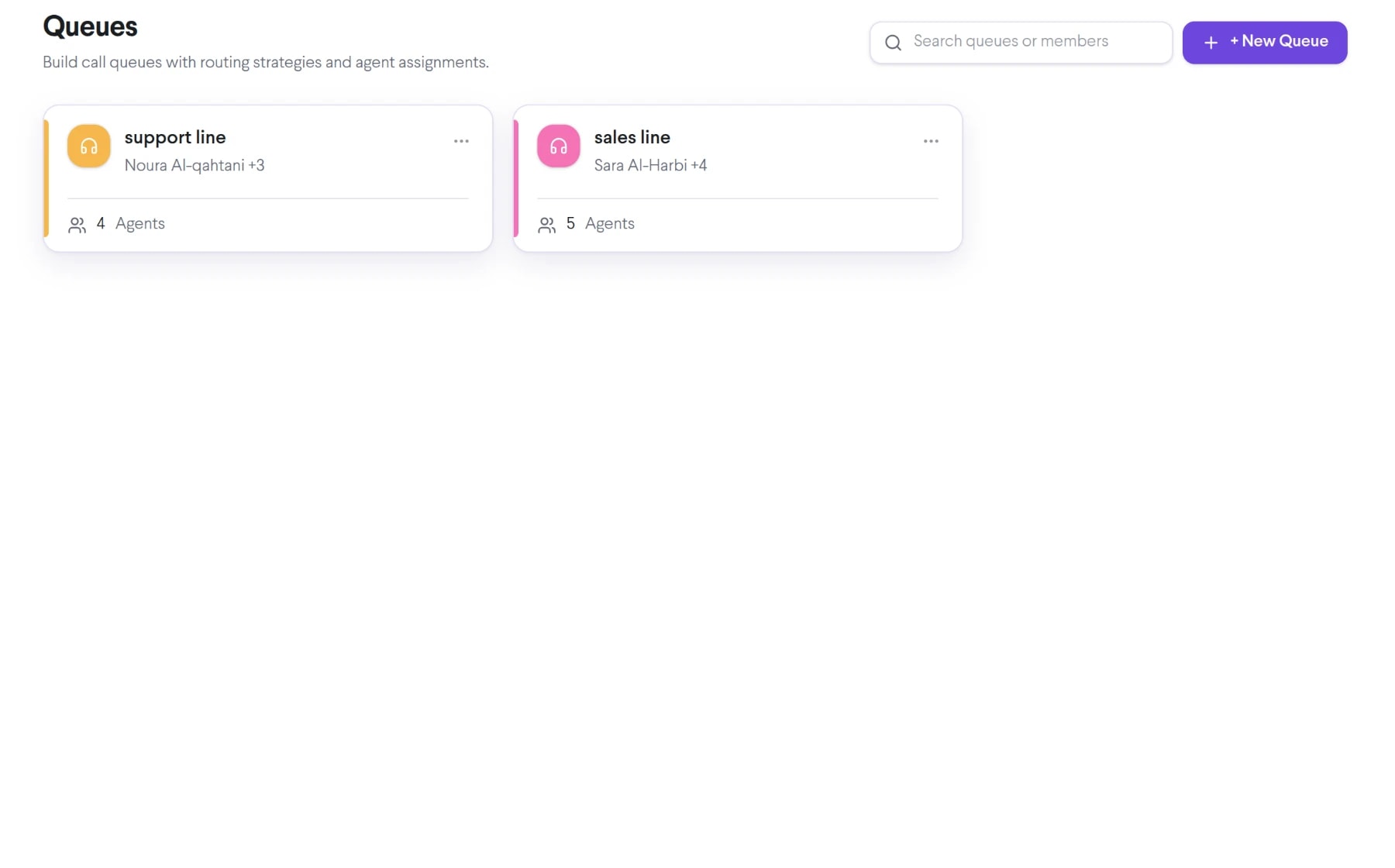 Skill-Based Routing in TalkChief: the Queues page with routing strategies and agents