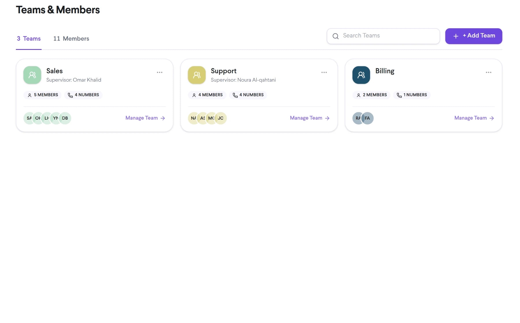 TalkChief Teams & Members page with Sales, Support and Billing teams, their supervisors, members and numbers
