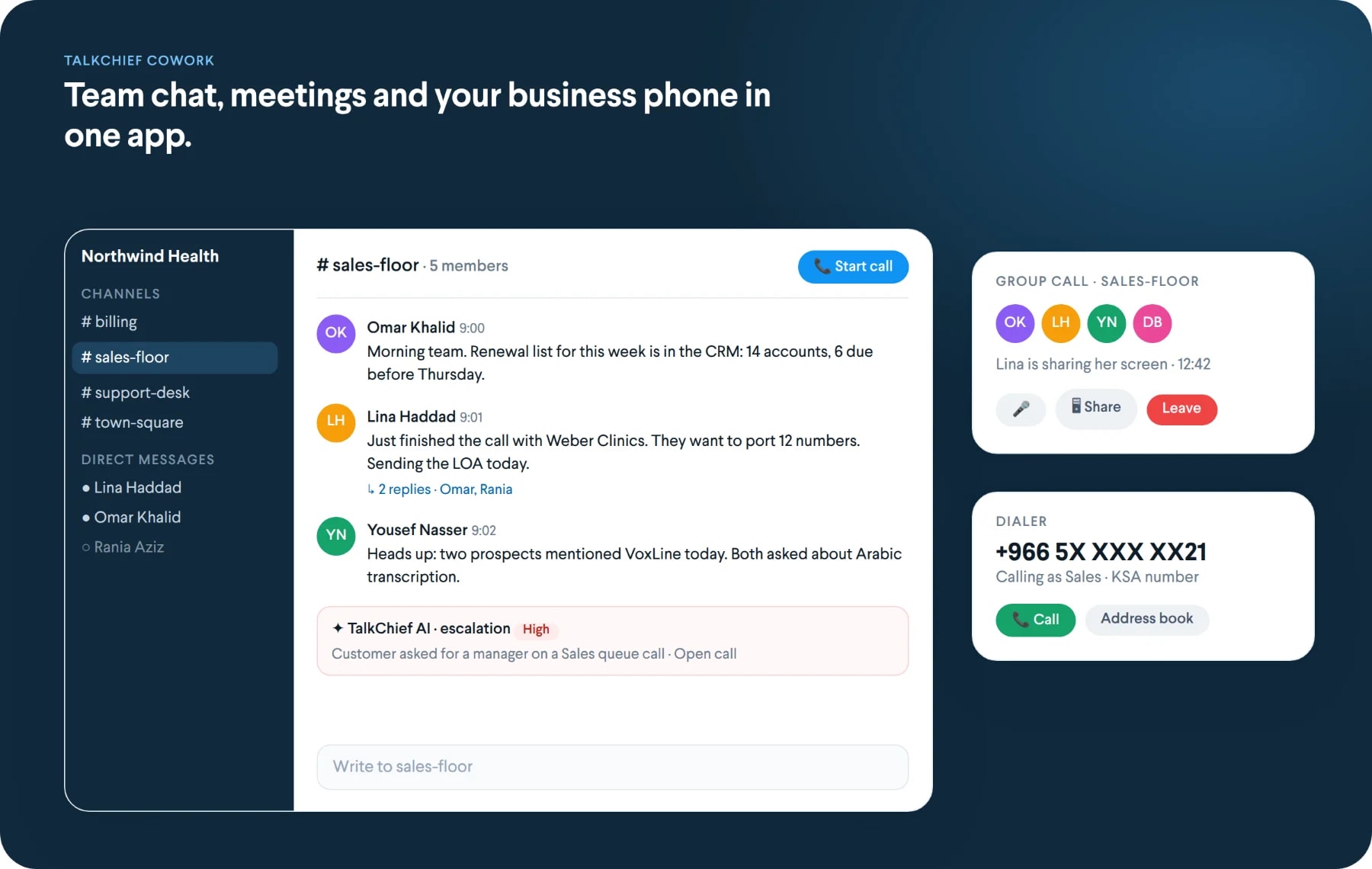 TalkChief Cowork channel with team messages, a group call with screen sharing and the business phone dialer