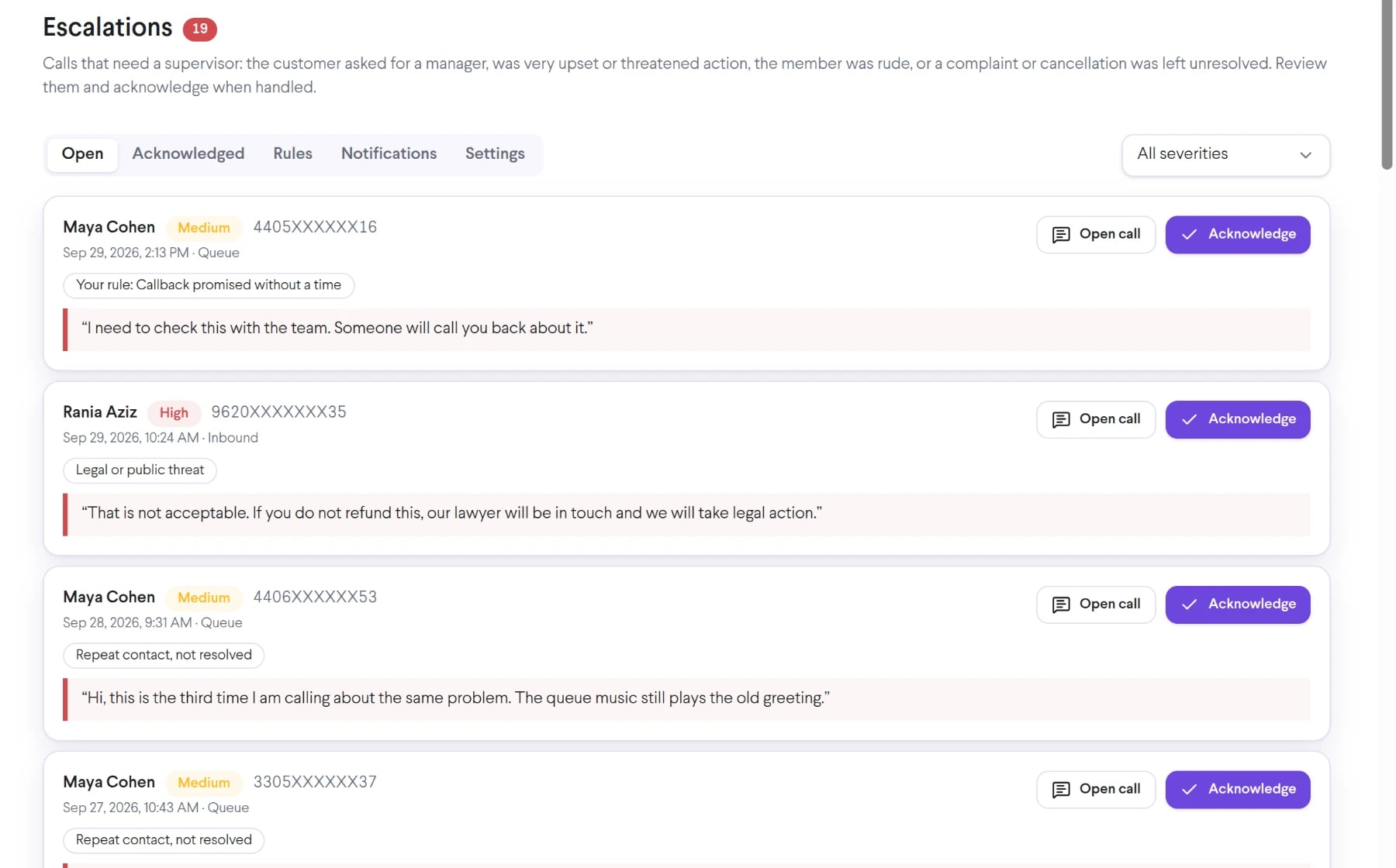 TalkChief escalations inbox with open escalations, severity, the reason and the quoted line from each call